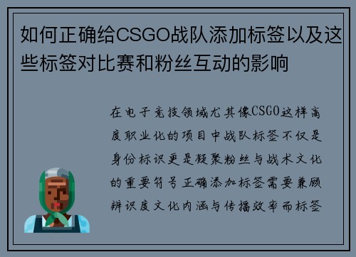 如何正确给CSGO战队添加标签以及这些标签对比赛和粉丝互动的影响